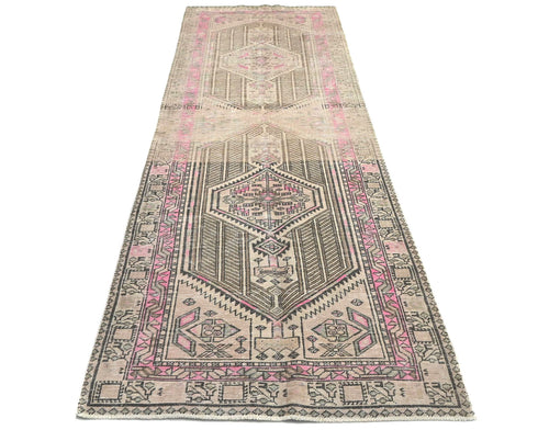 11 Ft Vintage Brown Persian Style Hand Knotted Distressed Low Pile Wool Runner Rug